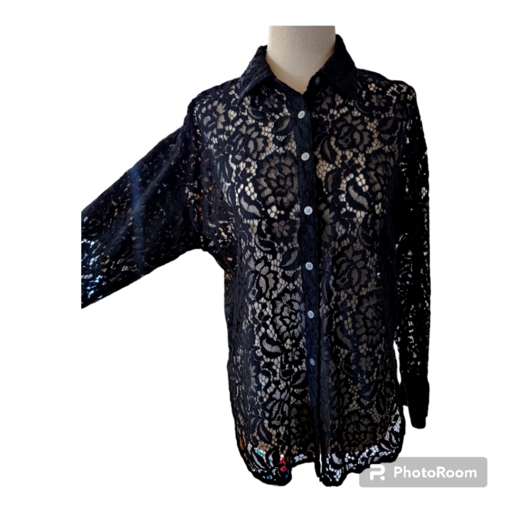 Loft Button Down Collared Top Black Lace Size Xs … - image 4